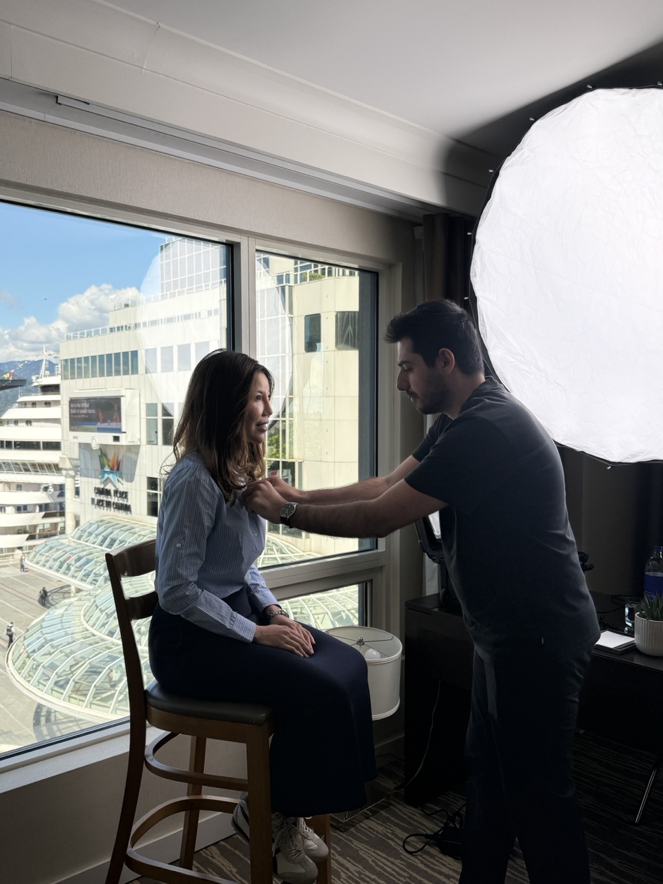 Miking up a speaker before an interview